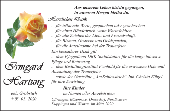 Traueranzeige von Irmgard Hartung von Super Sonntag Sangerhausen