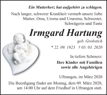 Traueranzeige von Irmgard Hartung von Mitteldeutsche Zeitung Sangerhausen