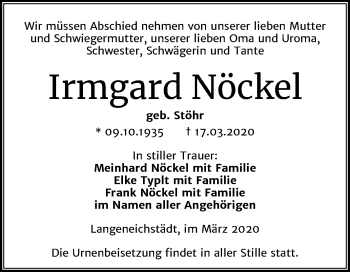 Traueranzeige von Irmgard Nöckel von Mitteldeutsche Zeitung Merseburg/Querfurt