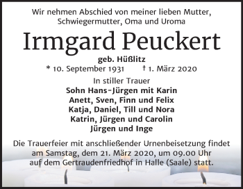 Traueranzeige von Irmgard Peuckert von Mitteldeutsche Zeitung Halle/Saalkreis