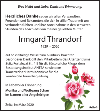 Traueranzeige von Irmgard Thrandorf von Super Sonntag Zeitz