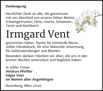 Traueranzeige von Irmgard Vent von Wochenspiegel Naumburg/Nebra