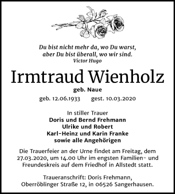 Traueranzeige von Irmtraud Wienholz von Mitteldeutsche Zeitung Sangerhausen