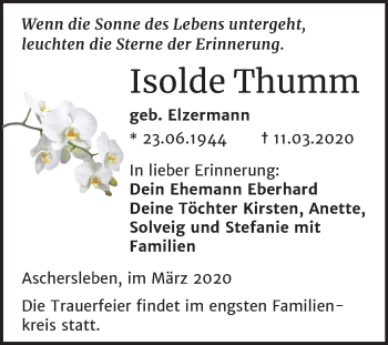 Traueranzeige von Isolde Thumm von Mitteldeutsche Zeitung Aschersleben