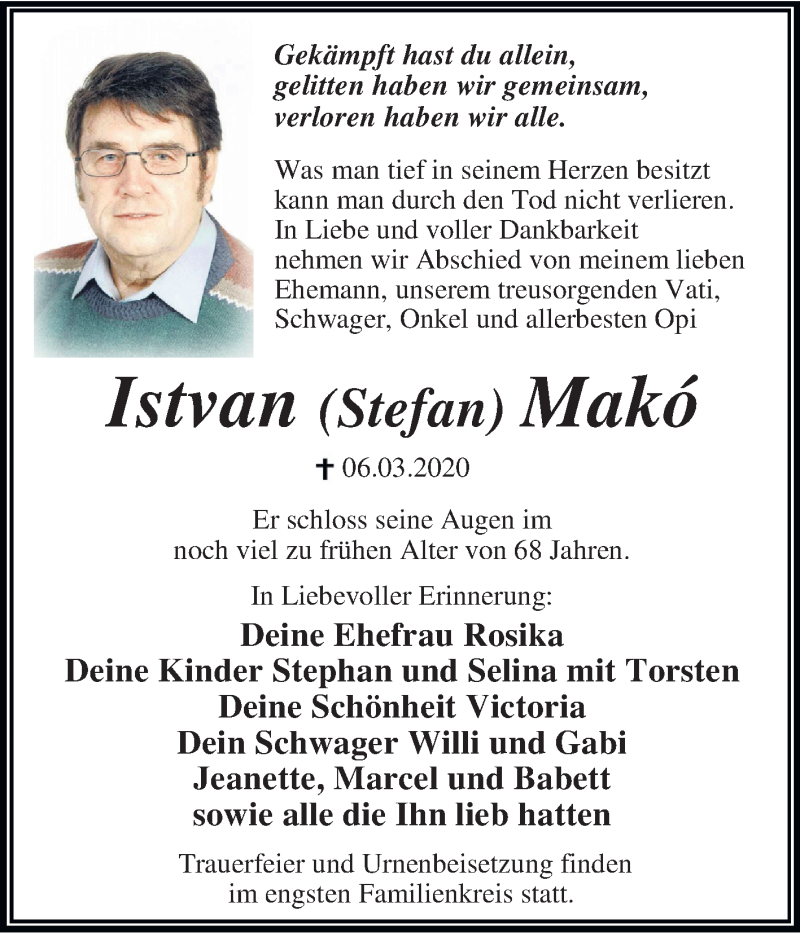  Traueranzeige für Istvan Makó vom 14.03.2020 aus Super Sonntag Dessau-Roßlau