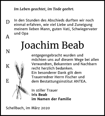 Traueranzeige von Joachim Beab von Mitteldeutsche Zeitung Zeitz