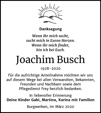 Traueranzeige von Joachim Busch von Mitteldeutsche Zeitung Weißenfels