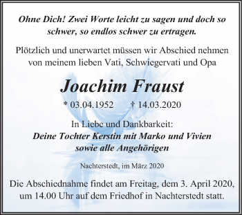Traueranzeige von Joachim Fraust von Super Sonntag Aschersleben