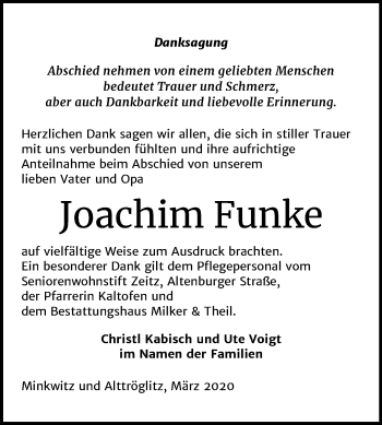 Traueranzeige von Joachim Funke von Super Sonntag Zeitz