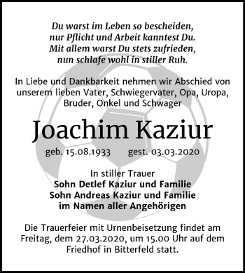 Traueranzeige von Joachim Kaziur von Wochenspiegel Bitterfeld