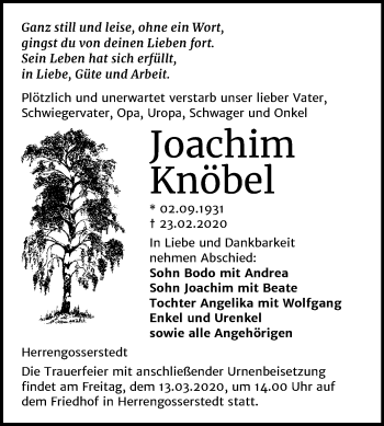 Traueranzeige von Joachim Knöbel von Wochenspiegel Naumburg/Nebra