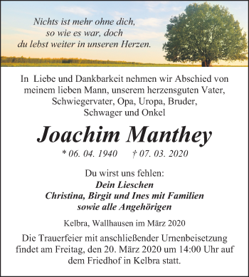 Traueranzeige von Joachim Manthey von Wochenspiegel Sangerhausen
