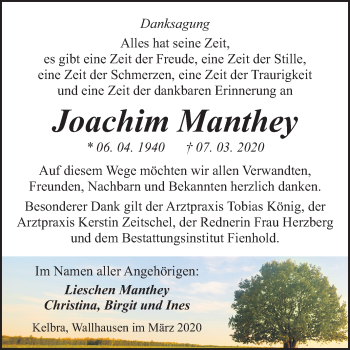 Traueranzeige von Joachim Manthey von Super Sonntag Sangerhausen