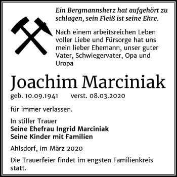 Traueranzeige von Joachim Marciniak von Super Sonntag Mansfelder Land