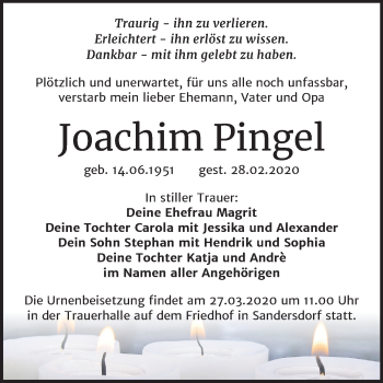Traueranzeige von Joachim Pingel von Wochenspiegel Bitterfeld