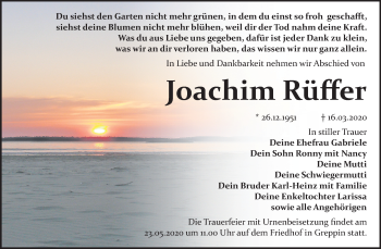 Traueranzeige von Joachim Rüffer von Mitteldeutsche Zeitung Bitterfeld