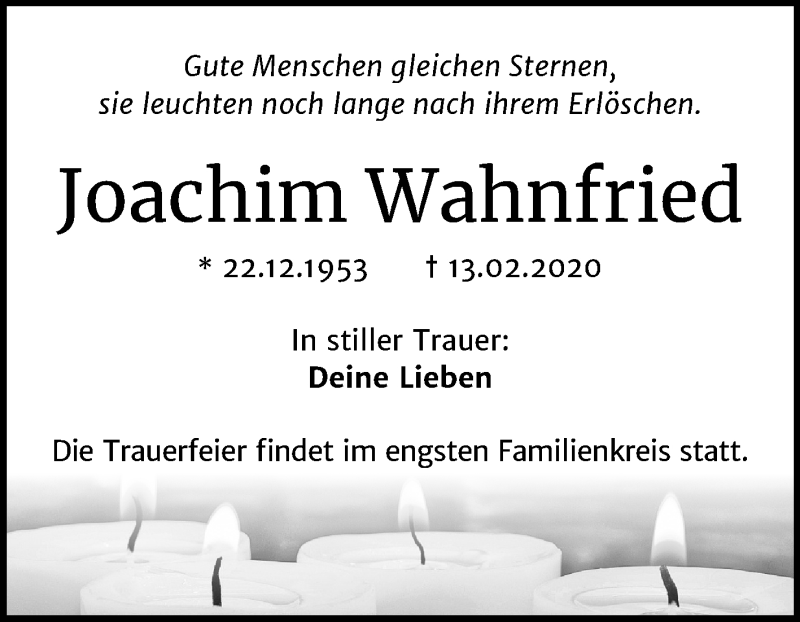  Traueranzeige für Joachim Wahnfried vom 07.03.2020 aus Super Sonntag Quedlinburg