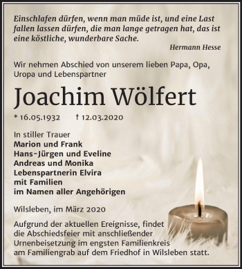 Traueranzeige von Joachim Wölfert von Mitteldeutsche Zeitung Aschersleben