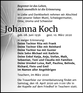 Traueranzeige von Johanna Koch von Mitteldeutsche Zeitung Weißenfels