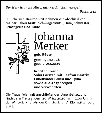 Traueranzeige von Johanna Merker von Mitteldeutsche Zeitung Wittenberg