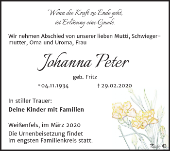 Traueranzeige von Johanna Peter von Mitteldeutsche Zeitung Weißenfels