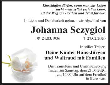 Traueranzeige von Johanna Sczygiol von Super Sonntag Wittenberg