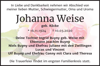 Traueranzeige von Johanna Weise von Mitteldeutsche Zeitung Halle/Saalkreis