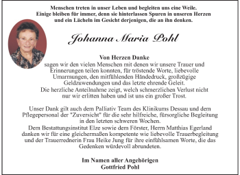 Traueranzeige von Johanna Maria Pohl von Mitteldeutsche Zeitung Dessau-Roßlau