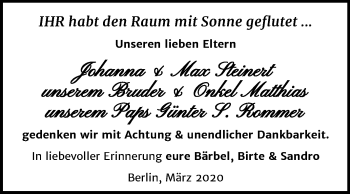 Traueranzeige von Johanna und Max Steinert von Super Sonntag Zeitz