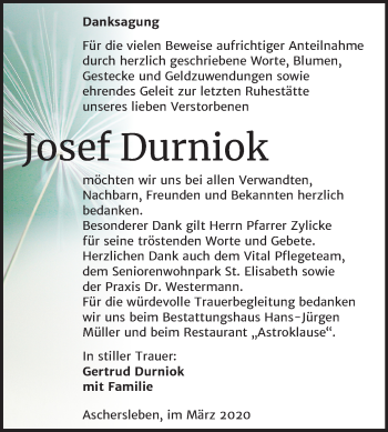Traueranzeige von Josef Durniok von Mitteldeutsche Zeitung Aschersleben