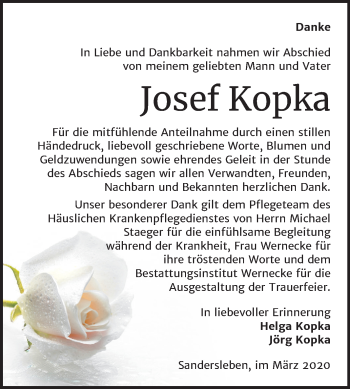 Traueranzeige von Josef Kopka von Mitteldeutsche Zeitung Mansfelder Land