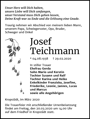 Traueranzeige von Josef Teichmann von Mitteldeutsche Zeitung Wittenberg