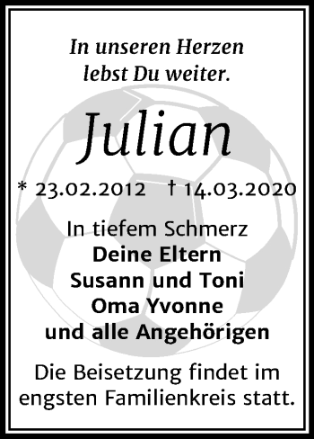 Traueranzeige von Julian  von Super Sonntag Merseburg/Querfurt