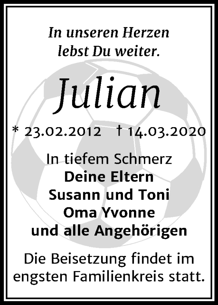  Traueranzeige für Julian  vom 20.03.2020 aus Mitteldeutsche Zeitung Merseburg/Querfurt