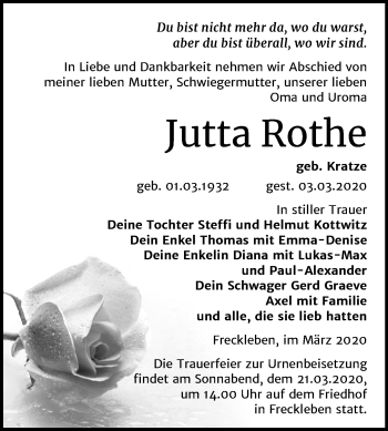 Traueranzeige von Jutta Rothe von Mitteldeutsche Zeitung Aschersleben / Mansfelder Land