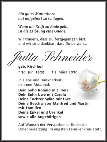 Traueranzeige von Jutta Schneider von Wochenspiegel Weißenfels