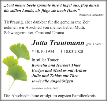 Traueranzeige von Jutta Trautmann von Mitteldeutsche Zeitung Aschersleben / Mansfelder Land