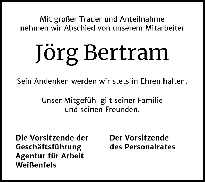  Traueranzeige für Jörg Bertram vom 14.03.2020 aus Mitteldeutsche Zeitung Weißenfels