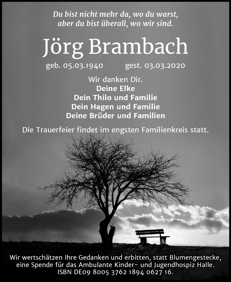  Traueranzeige für Jörg Brambach vom 14.03.2020 aus Mitteldeutsche Zeitung Halle/Saalkreis