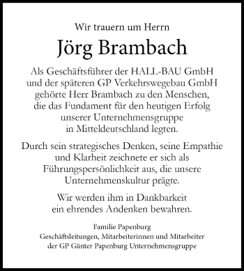 Traueranzeige von Jörg Brambach von Mitteldeutsche Zeitung Halle/Saalkreis
