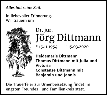 Traueranzeige von Jörg Dittmann von Mitteldeutsche Zeitung Merseburg/Querfurt