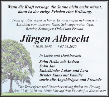 Traueranzeige von Jürgen Albrecht von Mitteldeutsche Zeitung Wittenberg