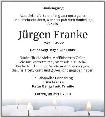 Traueranzeige von Jürgen Franke von Mitteldeutsche Zeitung Weißenfels