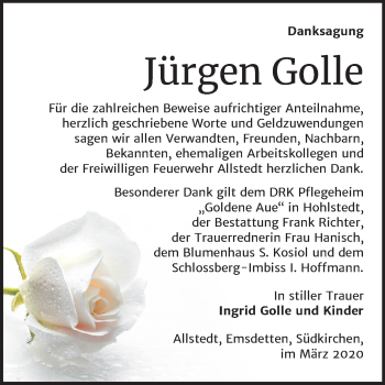 Traueranzeige von Jürgen Golle von Mitteldeutsche Zeitung Sangerhausen