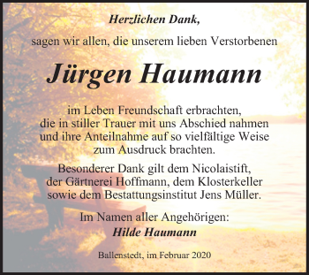 Traueranzeige von Jürgen Haumann von Wochenspiegel Quedlinburg