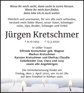 Traueranzeige von Jürgen Kretschmer von Super Sonntag Köthen