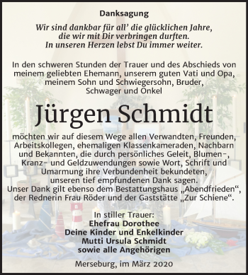 Traueranzeige von Jürgen Schmidt von Mitteldeutsche Zeitung Merseburg/Querfurt