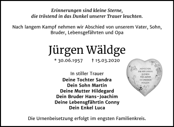 Traueranzeige von Jürgen Wäldge von Super Sonntag Wittenberg