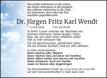 Traueranzeige von Jürgen Fritz Karl Wendt von Mitteldeutsche Zeitung Halle/Saalkreis