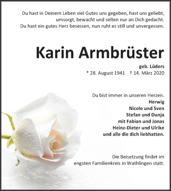 Traueranzeige von Karin Armbrüster von Mitteldeutsche Zeitung Dessau-Roßlau